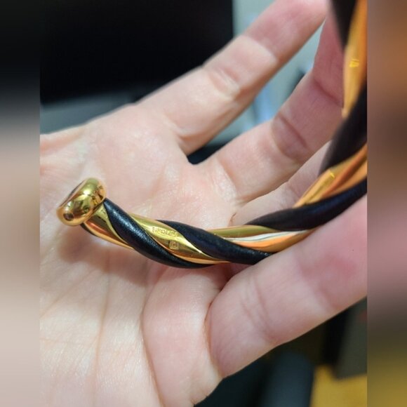 Vintage Luxury Hermes Torsade Gold Black Leather Twist Bangle Open Cuff Bracelet - Picture 10 of 10